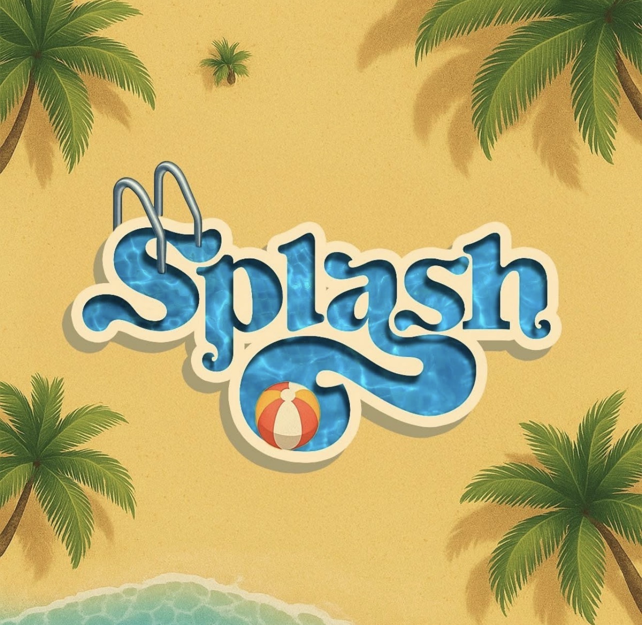 Splash Swim Club logo with pool-water lettering, a beach ball and palm trees